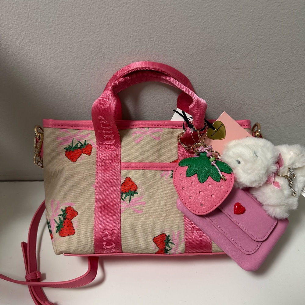 Juicy Couture Strawberry Tote Bag Pink Canvas Crossbody Y2K Coquette Kawaii nwt